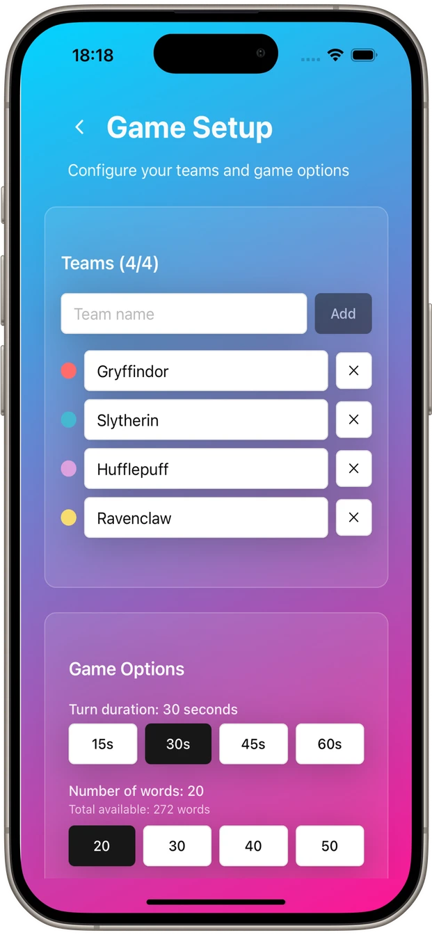 Game setup - Configure teams and options