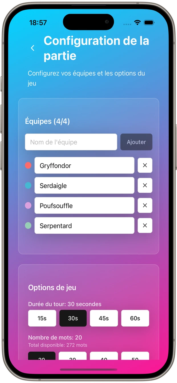 Game setup - Configure teams and options